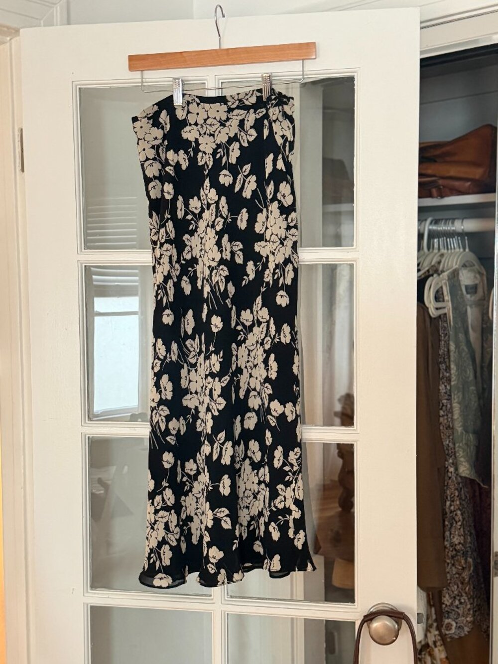 Vintage Ann Taylor 100% Silk Floral Maxi Skirt | Black + Cream